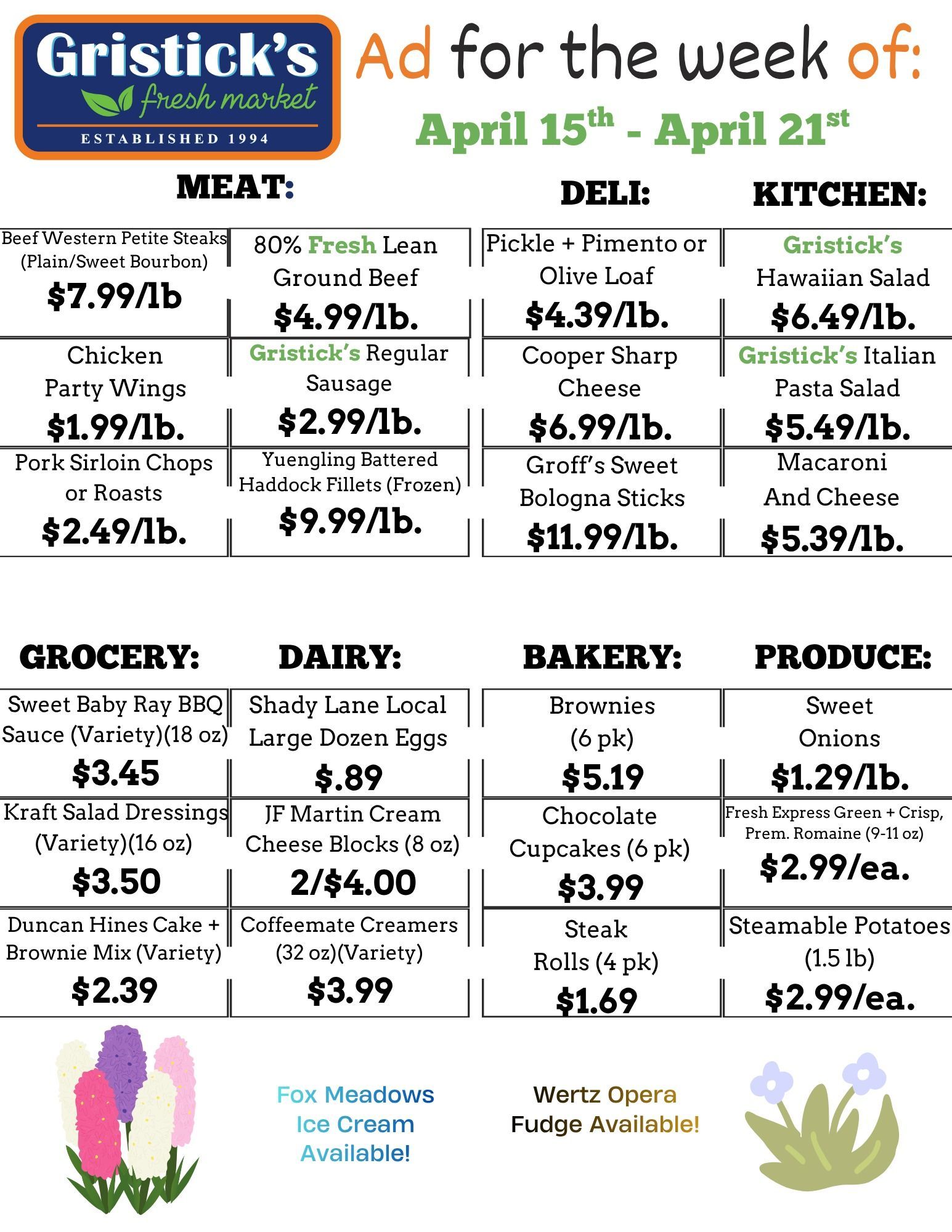 Gristick’s Market weekly ad from April 15th-21st, listing prices for items in meat, deli, kitchen, grocery, dairy, and bakery.