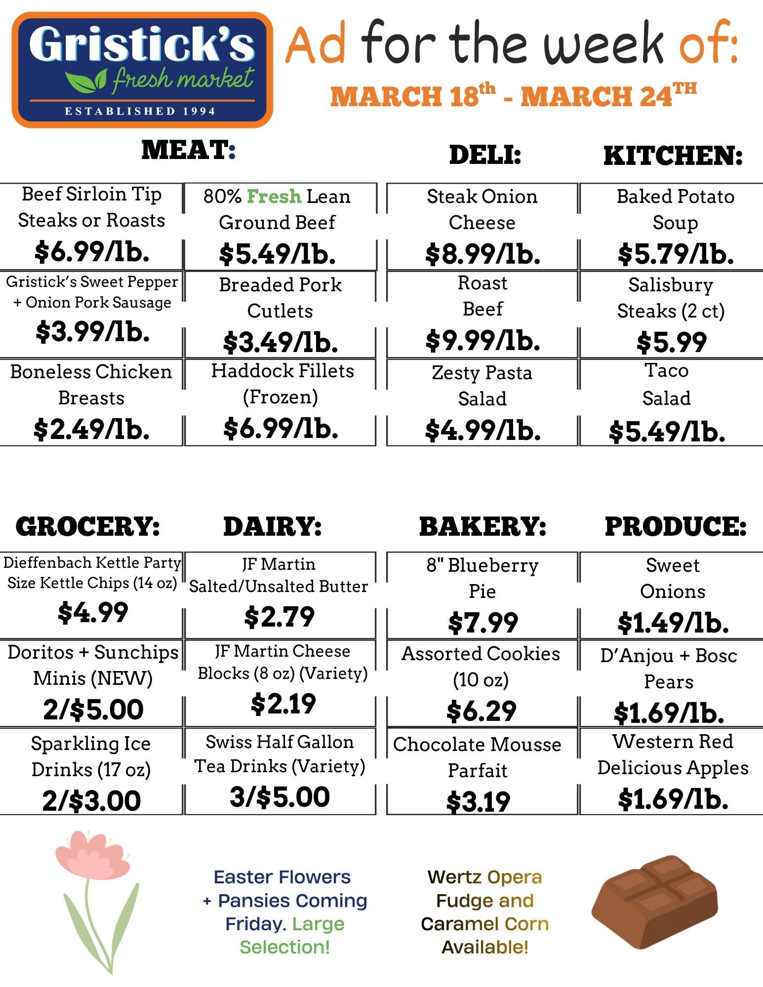 Gristick's Fresh Market weekly ad flyer for March 18th-24th, listing prices for meat, deli, kitchen, grocery, and produce.