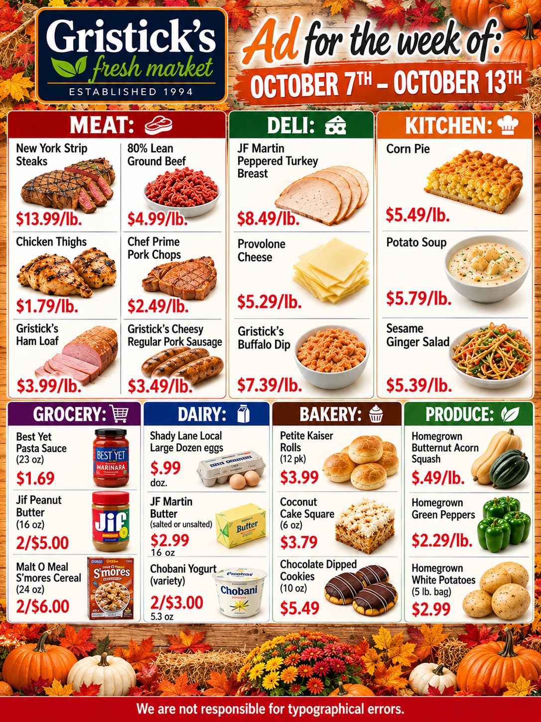 Gristick’s Fresh Market weekly ad with grocery specials on meat, deli, kitchen, bakery, and produce items