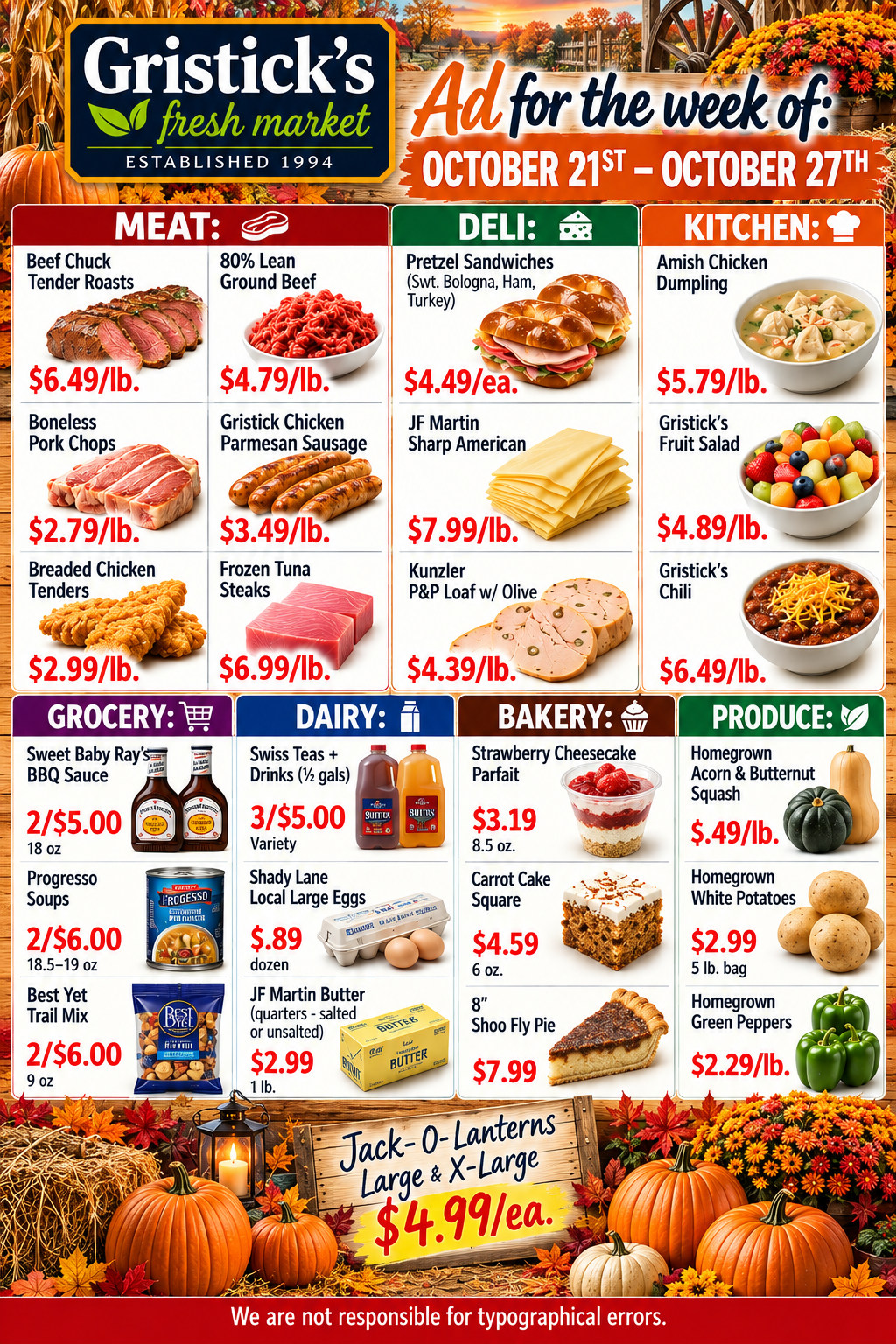 Gristick’s Fresh Market market weekly ad with fall produce, meats, dairy, and bakery specials