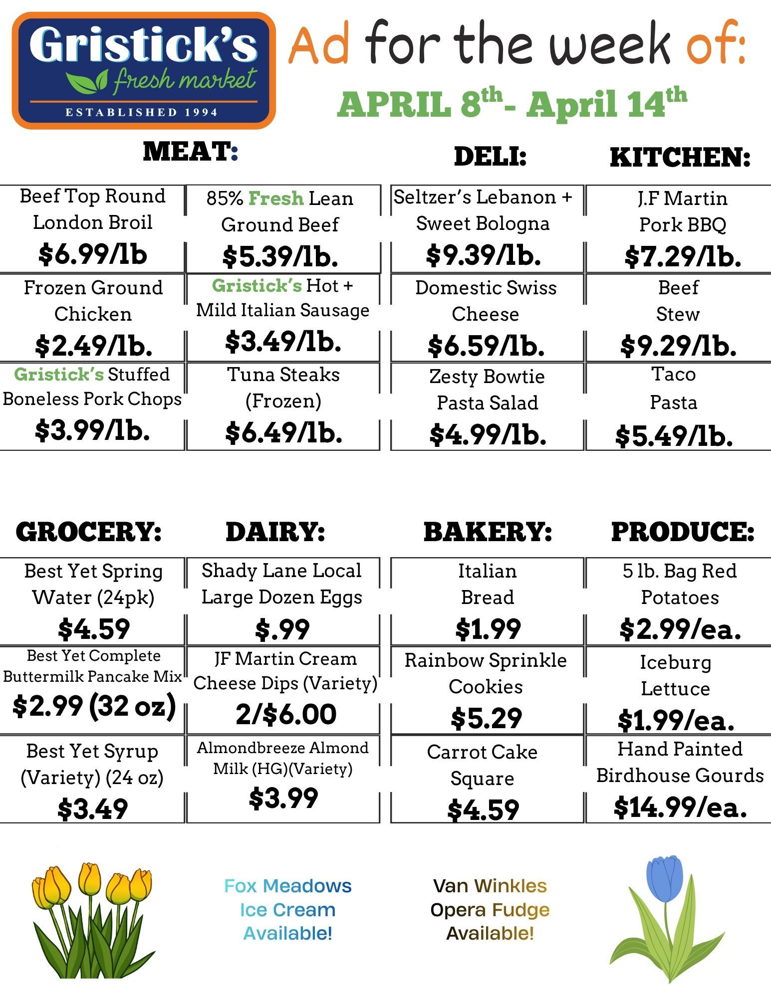 Gristick's Fresh Market weekly ad for April 8th-14th, featuring prices for meat, deli, kitchen, grocery, and bakery items.