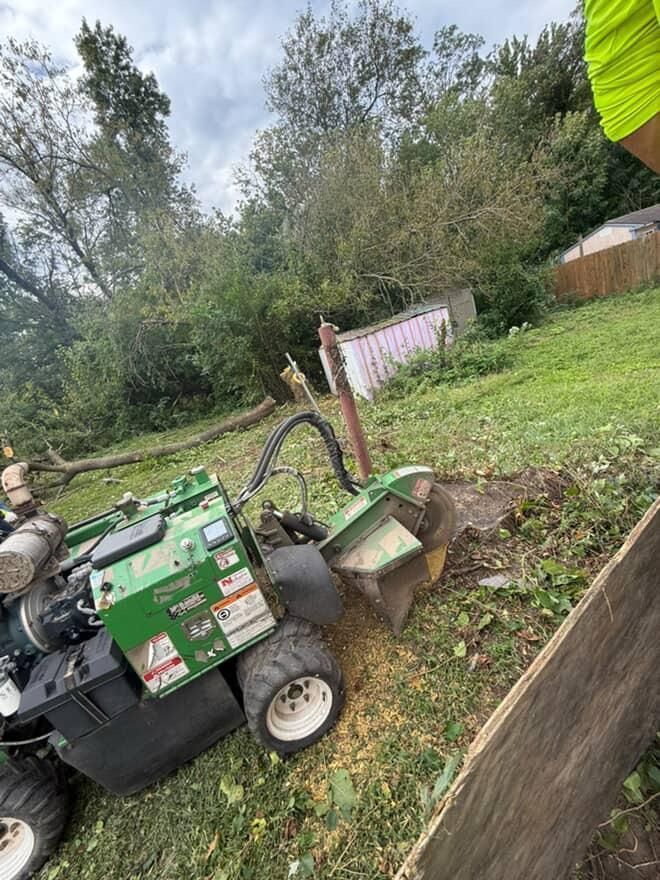 A stump grinder grinds a tree stump in a grassy yard, with a shed and trees in the background.