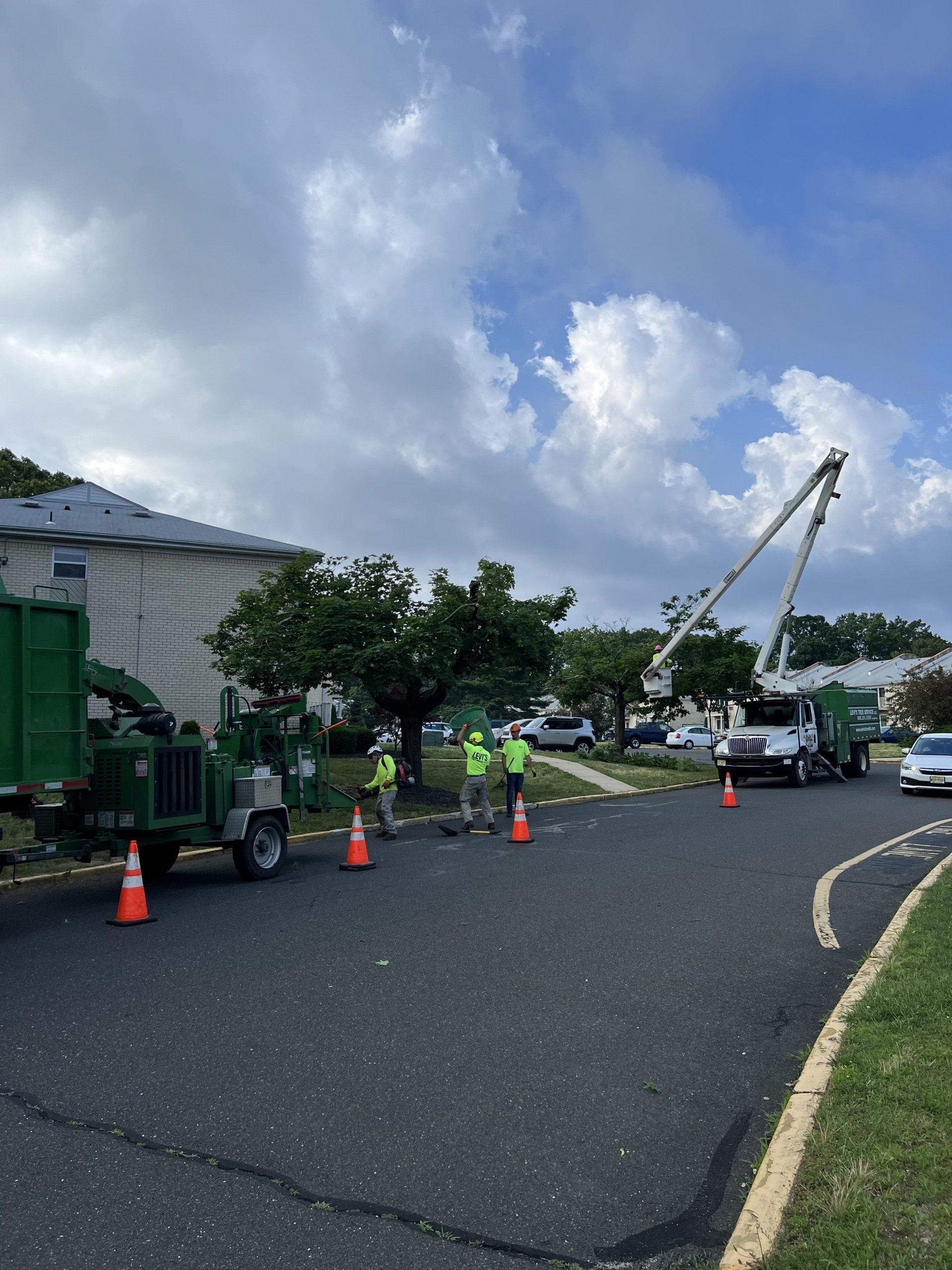 Tree trimming crew with lift truck and chipper on a road with cones. Cloudy sky.