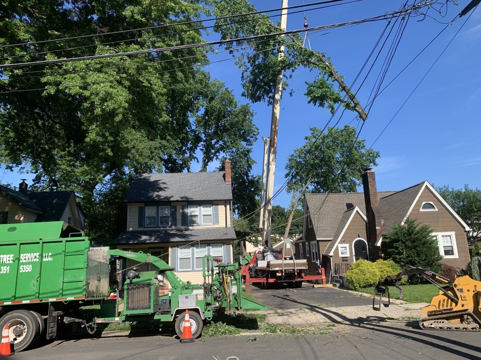 Tree being removed near houses, with chipper and utility truck present.