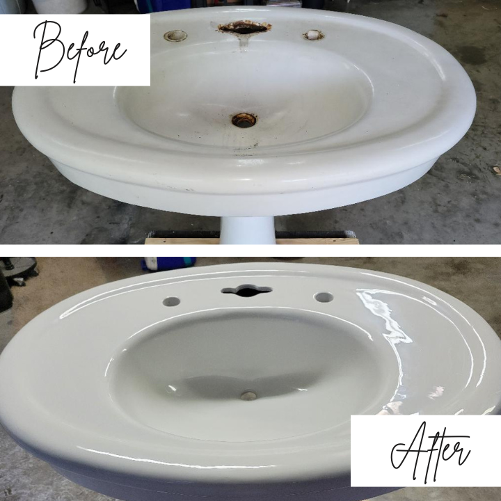 A before and after picture of a white sink