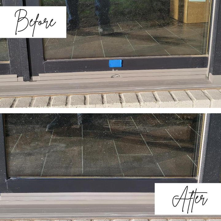 A before and after picture of a window with a tile floor.