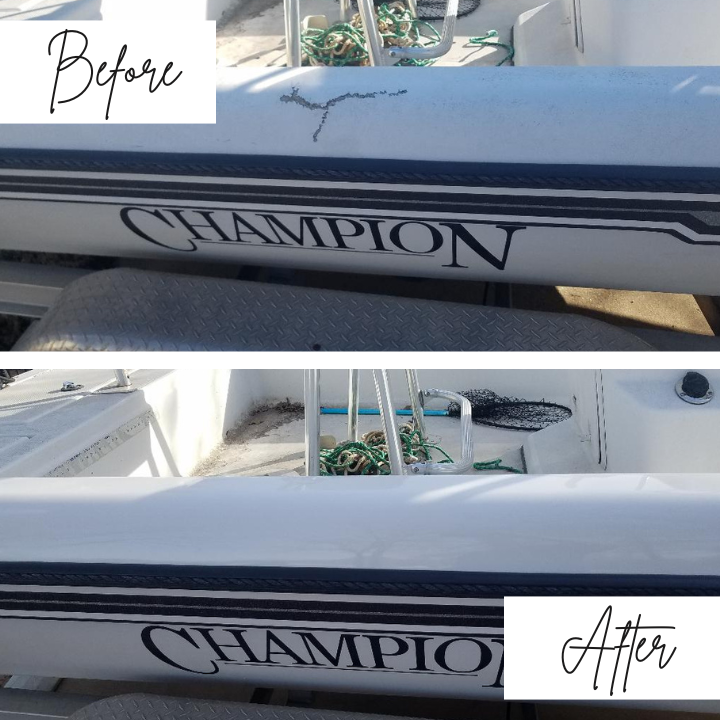 A before and after picture of a champion boat