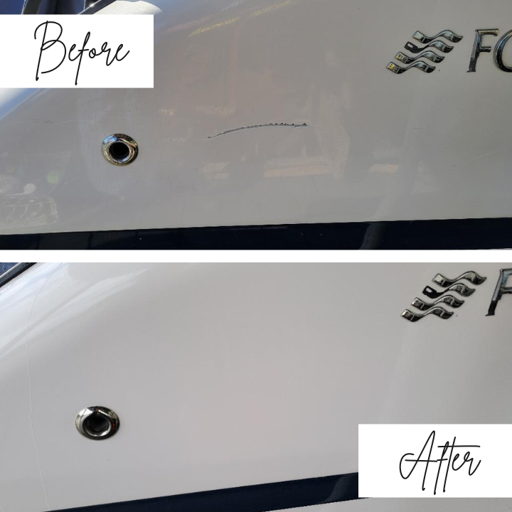 A before and after picture of a boat with a hole in it