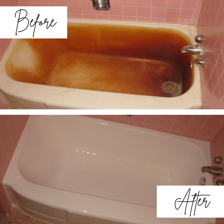 A before and after picture of a bathtub with pink tiles