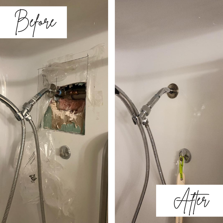 A before and after picture of a shower head in a bathtub