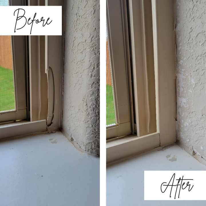 A before and after picture of a window with a hole in it