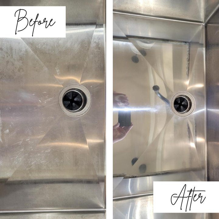 A before and after picture of a stainless steel sink