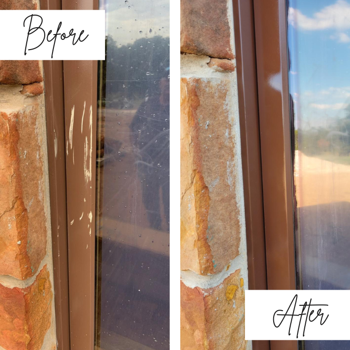 A before and after picture of a window on a brick wall