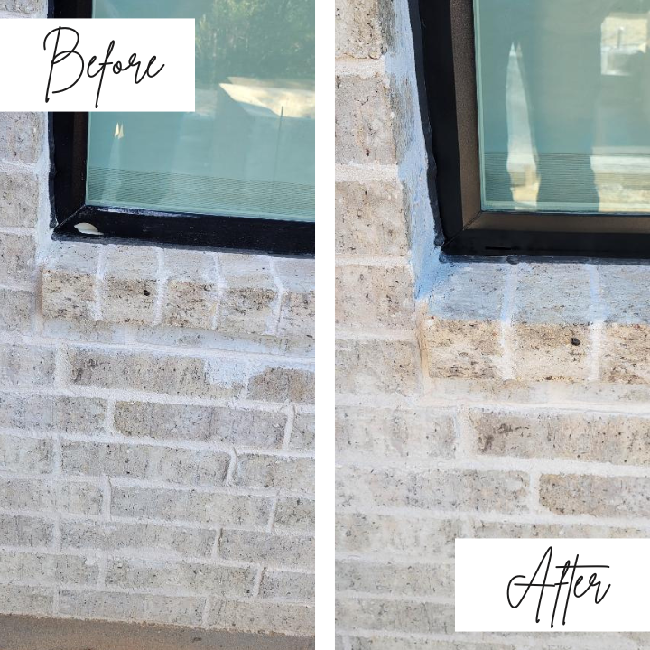 A before and after picture of a brick wall with a window
