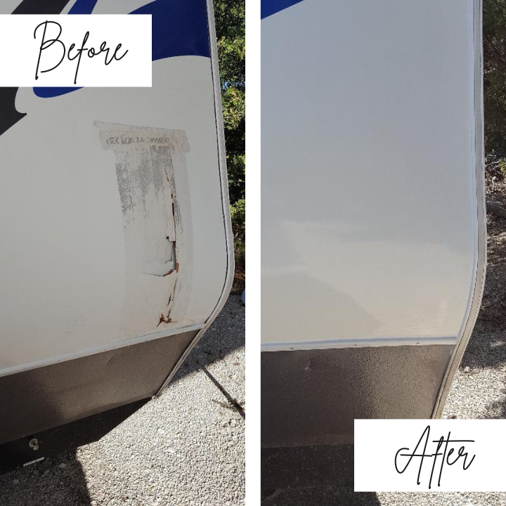 A before and after photo of a camper trailer