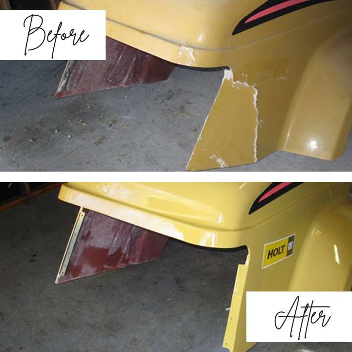 A before and after photo of a yellow vehicle