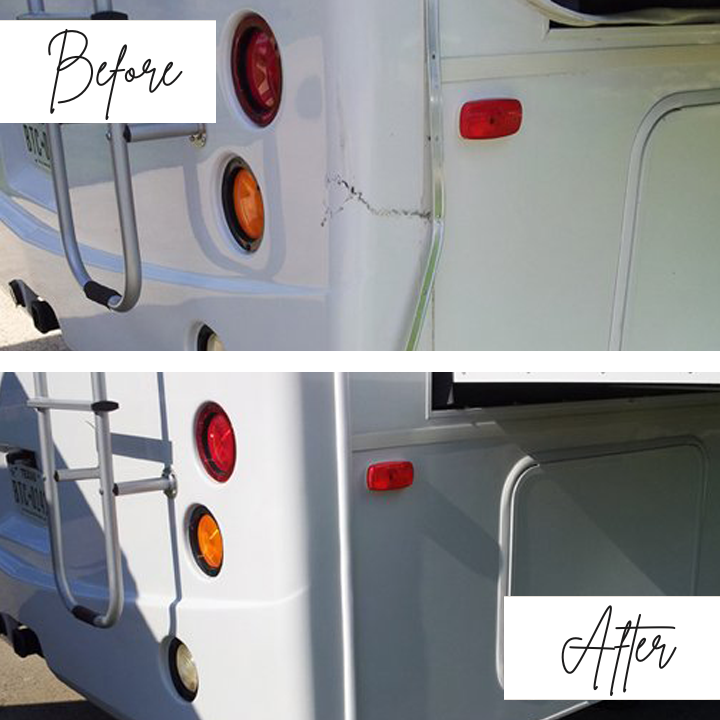 A before and after photo of a white rv