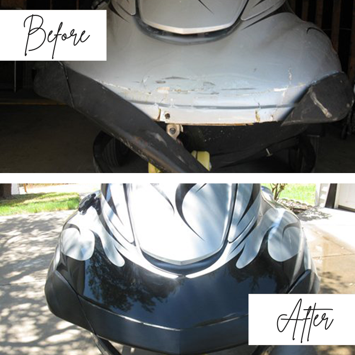 A before and after picture of a golf cart