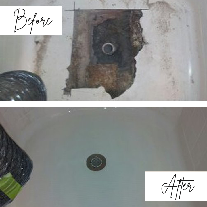 A before and after picture of a bathtub with a hole in it