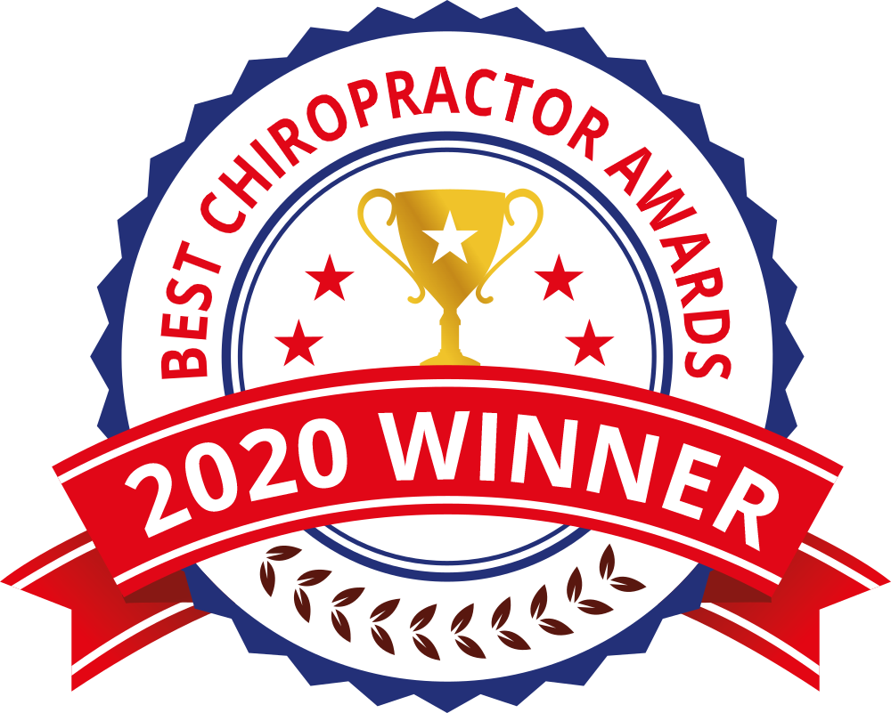 Best Chiropractor Awards badge: 2020 Winner, red ribbon, blue and white seal, gold trophy.