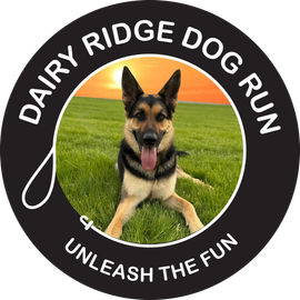 Dairy Ridge Dog Run logo with a German Shepherd dog in a grassy field, sunset in background. Unleash the Fun text.