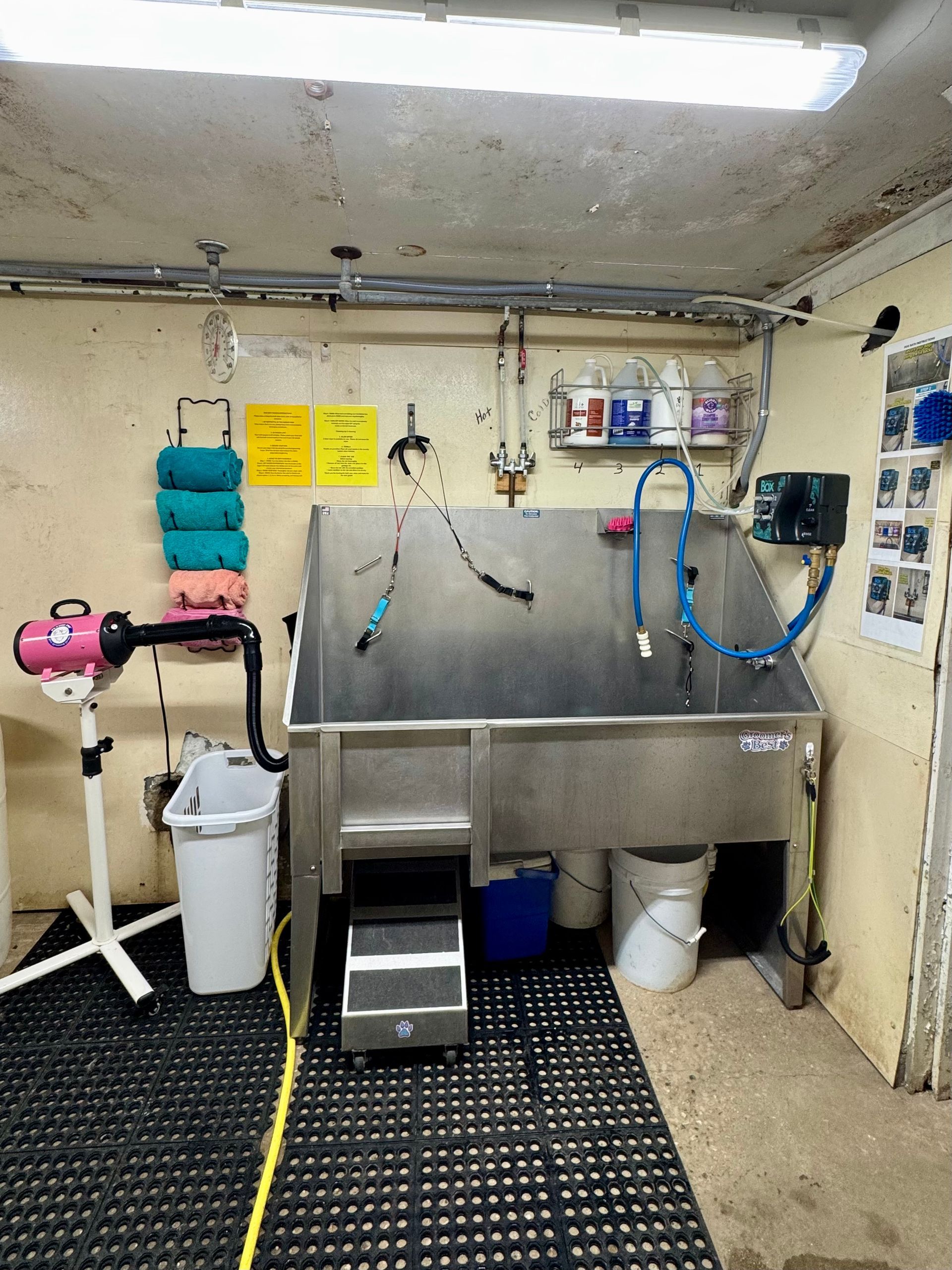 Commercial utility sink area with stainless steel basin, blue hoses, and cleaning supplies in a back room
