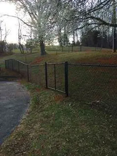 Black chain-link fence bordering a grassy area with a gate; a paved road is in the foreground and trees in the background.