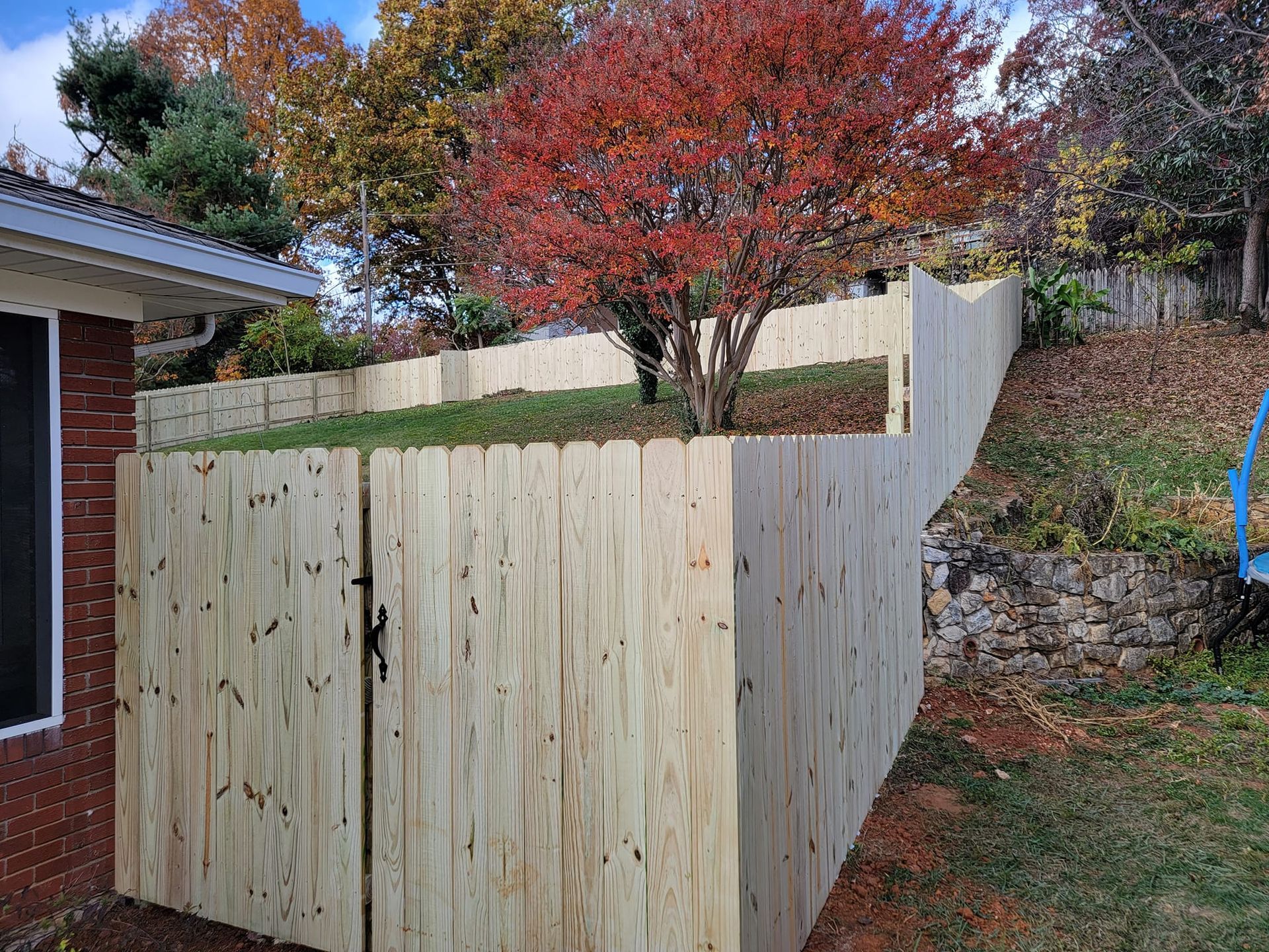 Wooden fence surrounding a yard with a small tree with red leaves and a brick building.