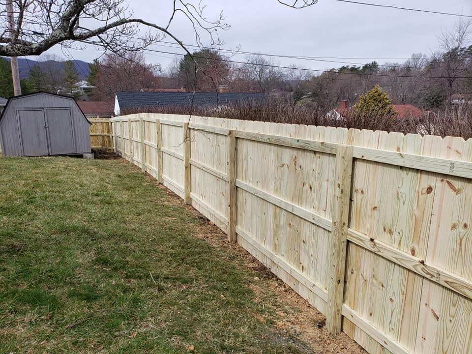 Wooden fence along a grassy backyard, shed in the background.