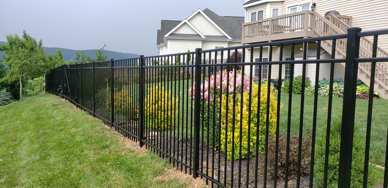 Black metal fence around a yard with green grass and bushes, with a house in the background.