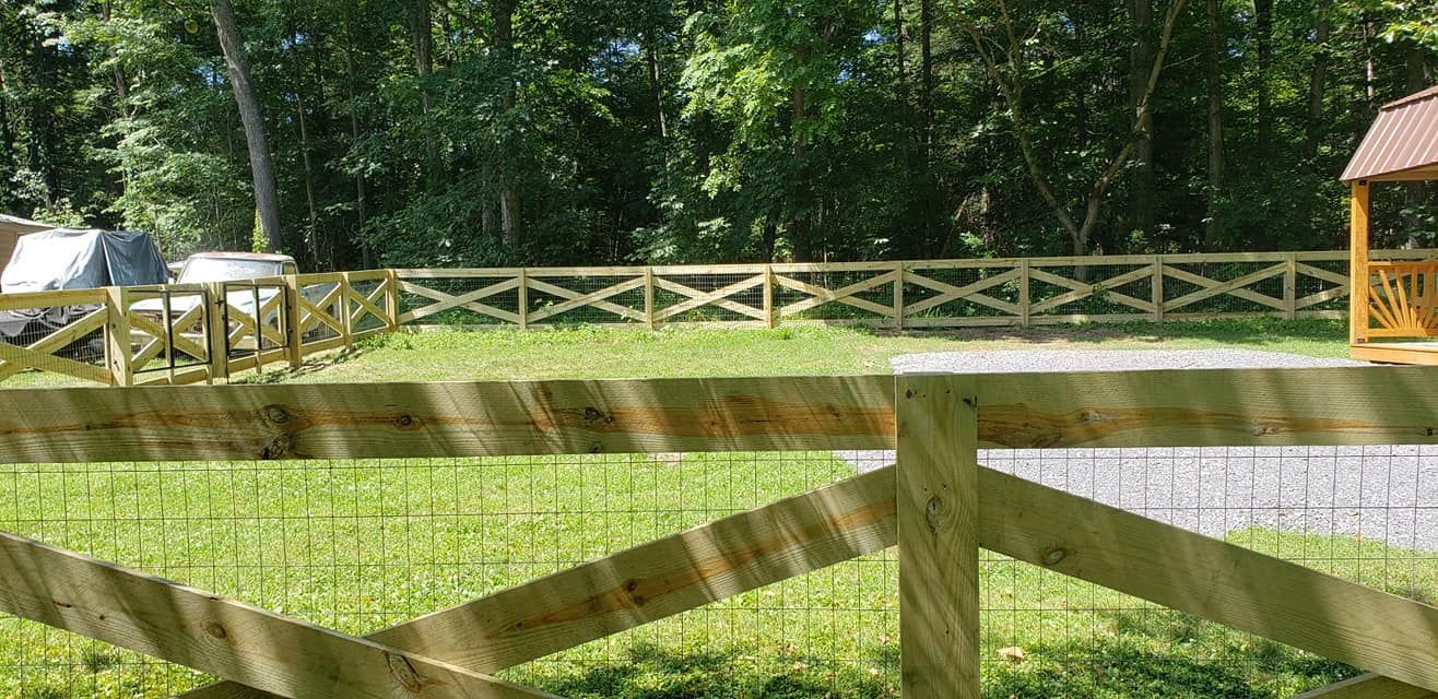 Wooden fences enclose a grassy area, with trees in the background.