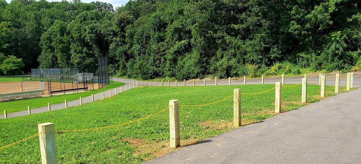 Lush green grass bordered by wooden posts along a paved path, with a dense forest in the background.