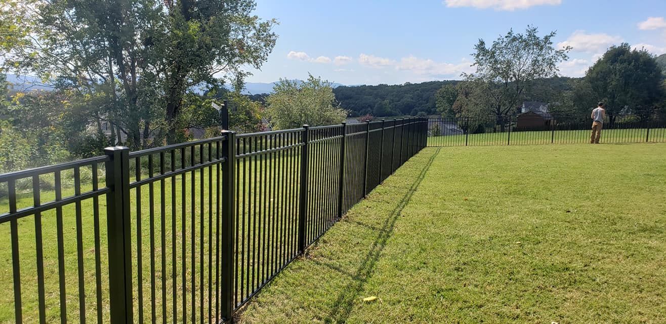 Black metal fence along a green lawn with trees and a person in the distance on a sunny day.