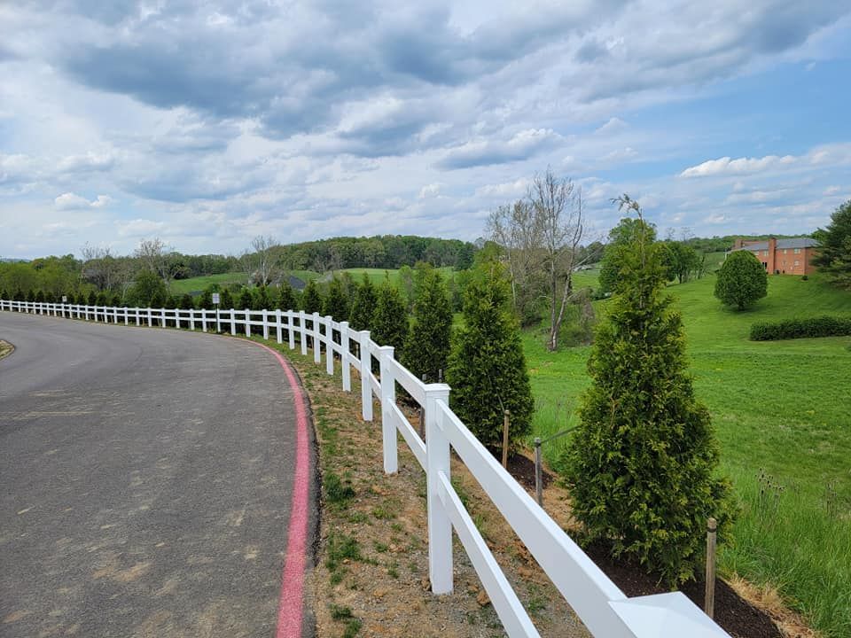White fence lines asphalt road, trees, and grassy field under cloudy sky.