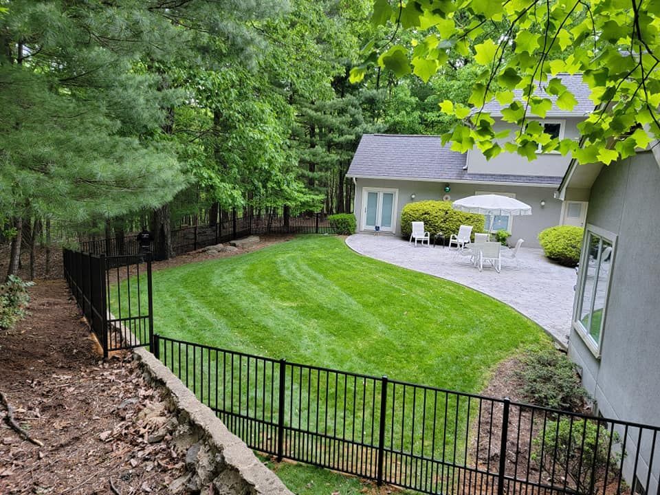 Lush green backyard with black fence, stone patio, white patio furniture, and house surrounded by trees.