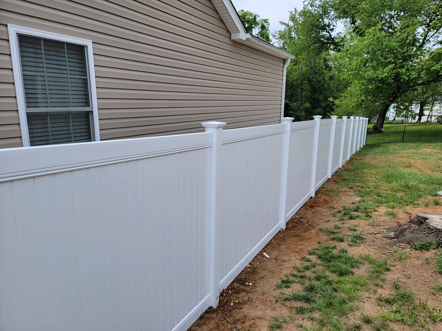 White vinyl fence along a house, with a window visible. Green grass and trees are in the background.
