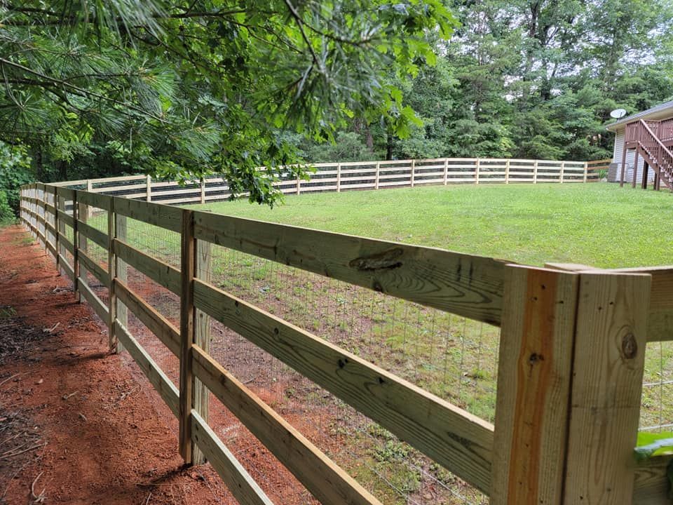 Wooden fence encloses a green grassy yard; trees in the background.
