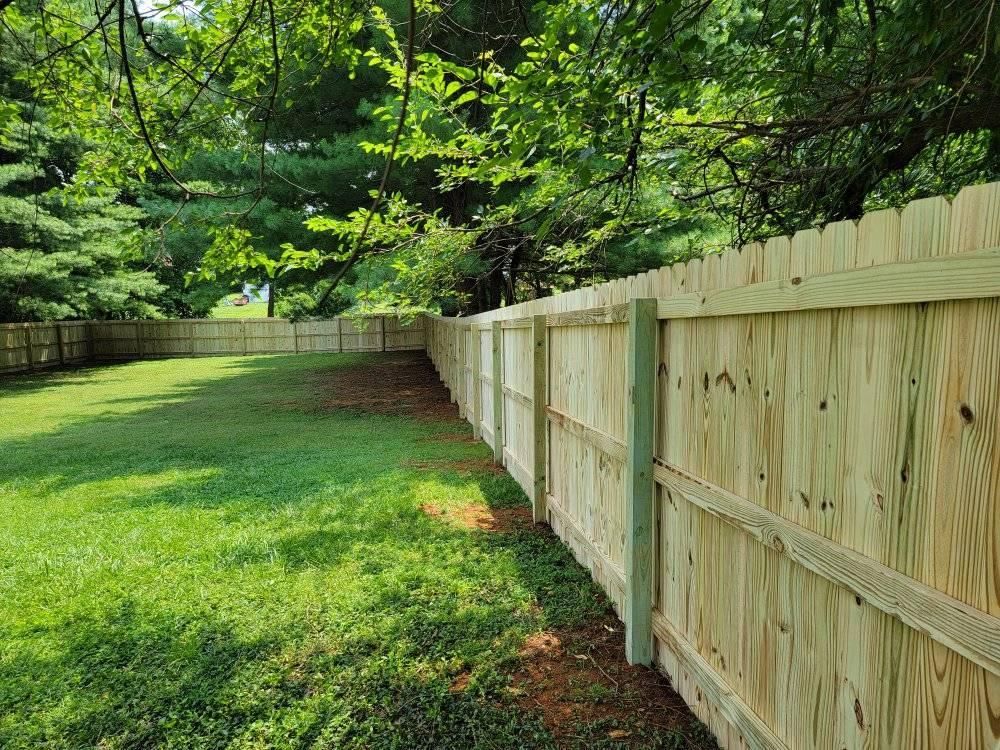 Wooden fence encloses a green lawn, with trees in the background under a sunny sky.