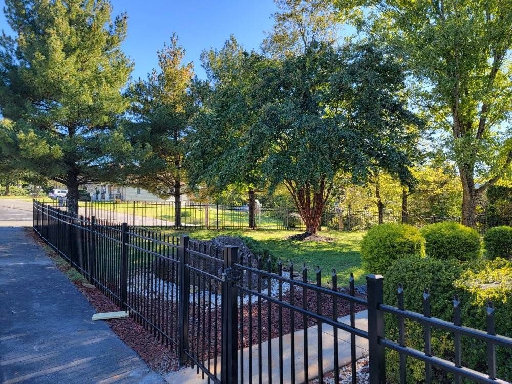 Black fence lines a sidewalk with trees and a green lawn under a blue sky.