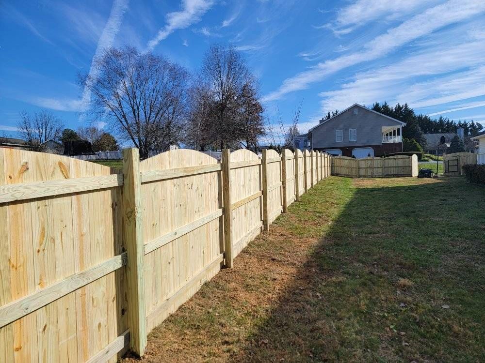 Wooden fence in backyard on sunny day, blue sky with wispy clouds.
