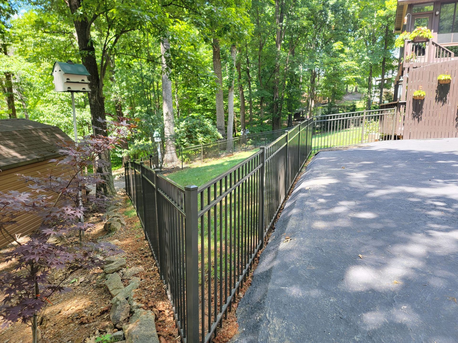 Black metal fence alongside a paved driveway, bordering a grassy yard and trees.