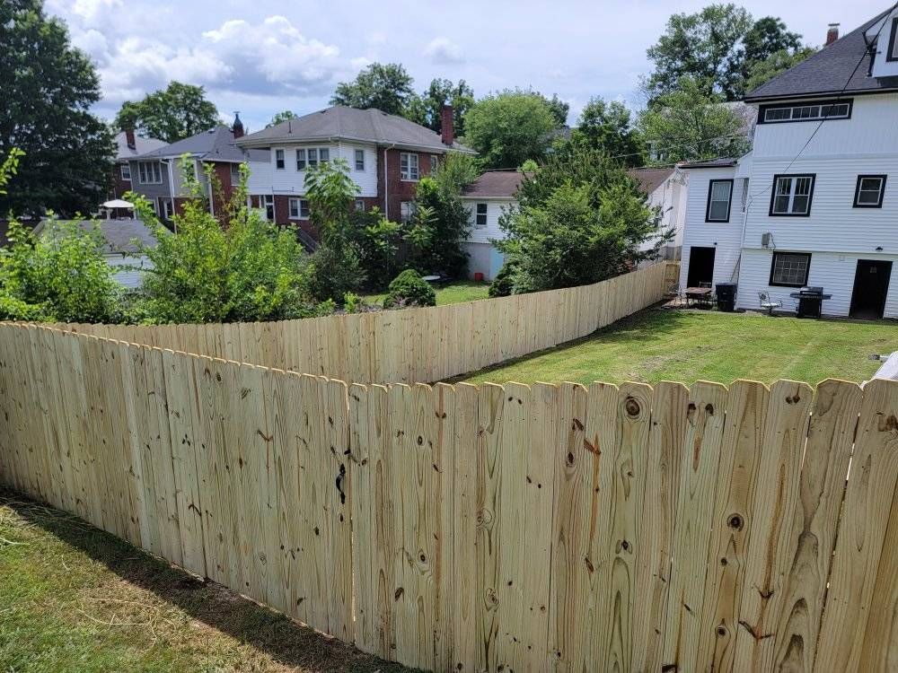 Wooden fence encloses a green lawn with houses in the background. Bright sunny day.