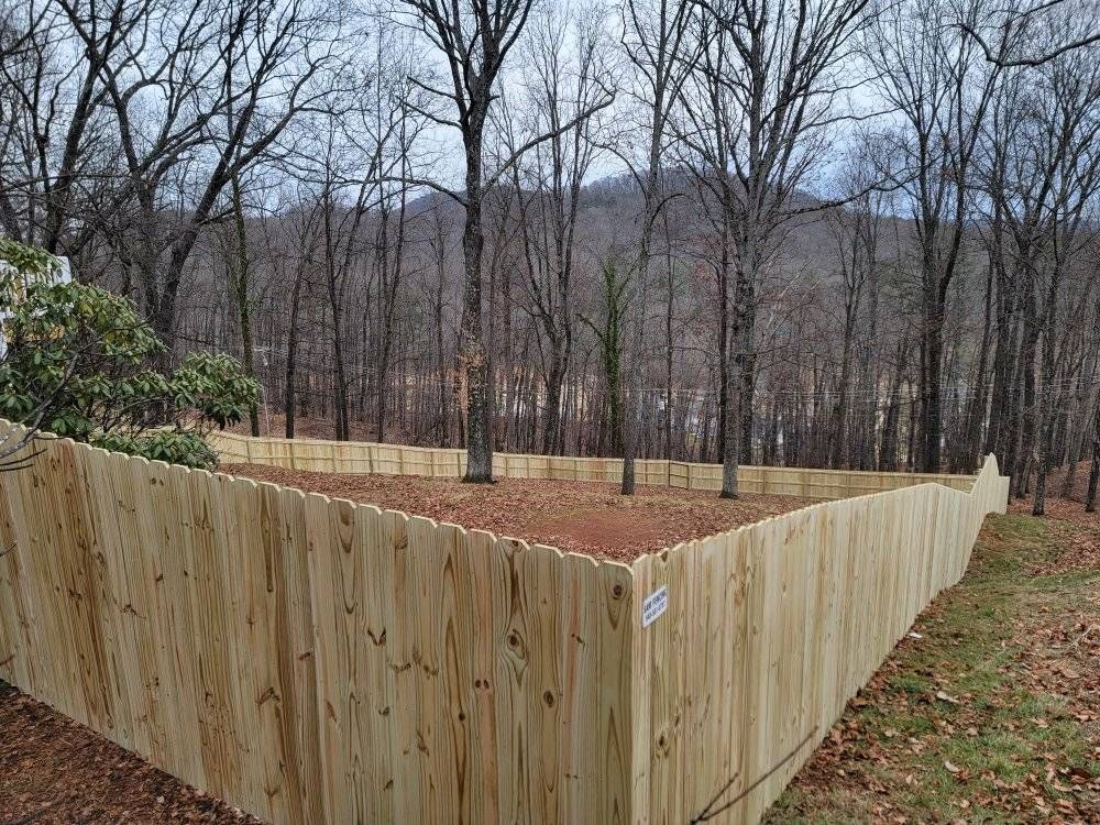 Wooden fence enclosing a yard, with bare trees and a mountain in the background.