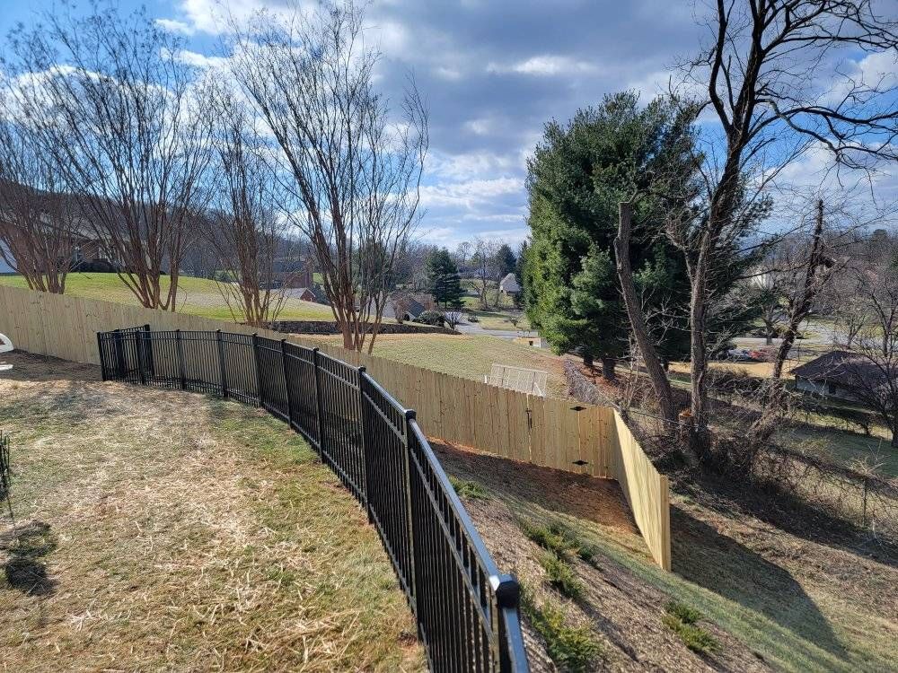 A black metal fence curves along a hillside, transitioning to a wooden fence. Background includes trees and houses under a blue sky.