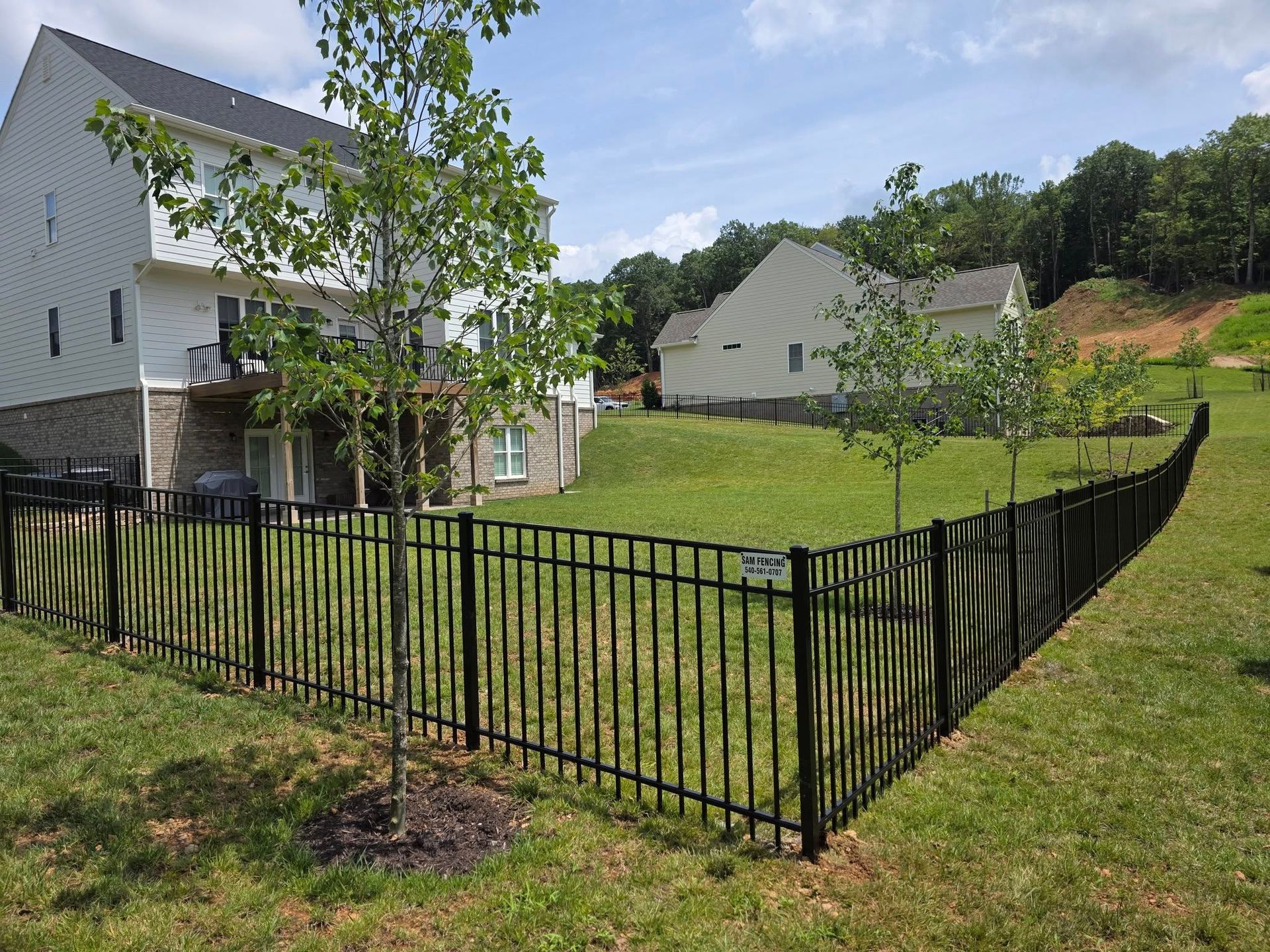 Black metal fence surrounds a grassy yard, with two houses in the background. Sunny day.