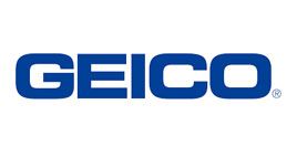 GEICO logo: Blue letters on a white background. The word