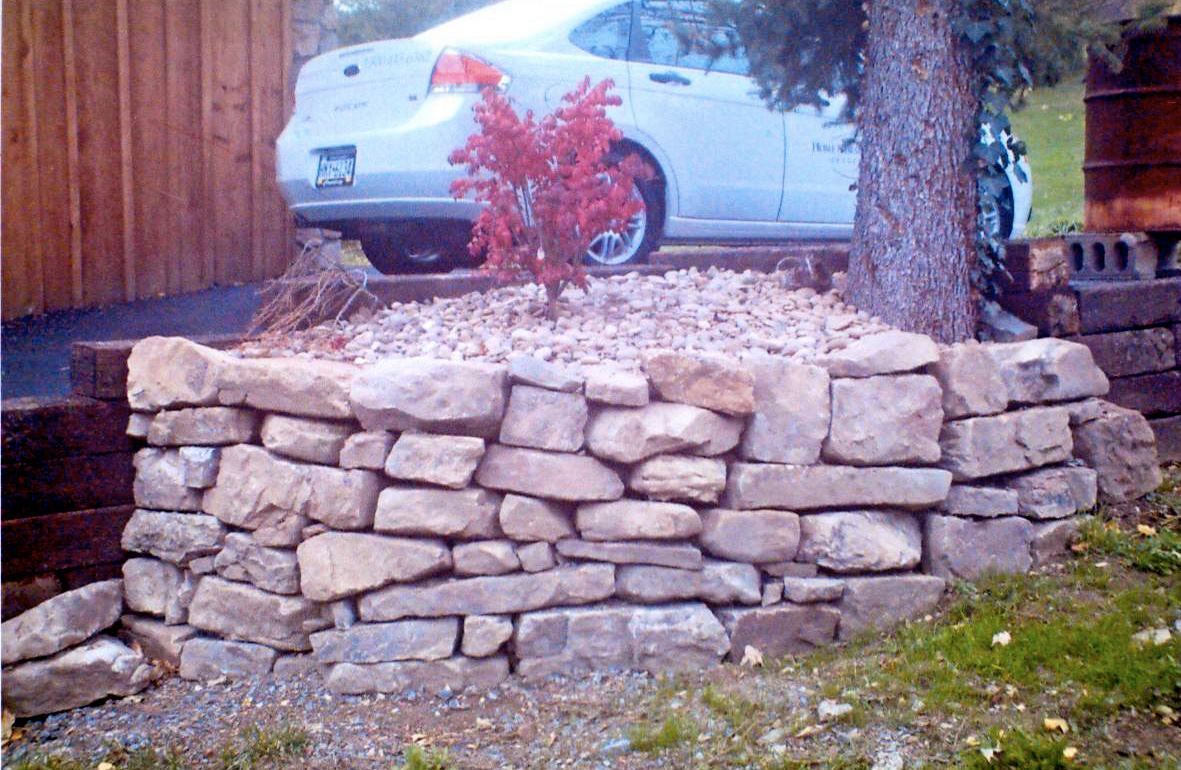 Stone retaining wall with small red tree and parked car.