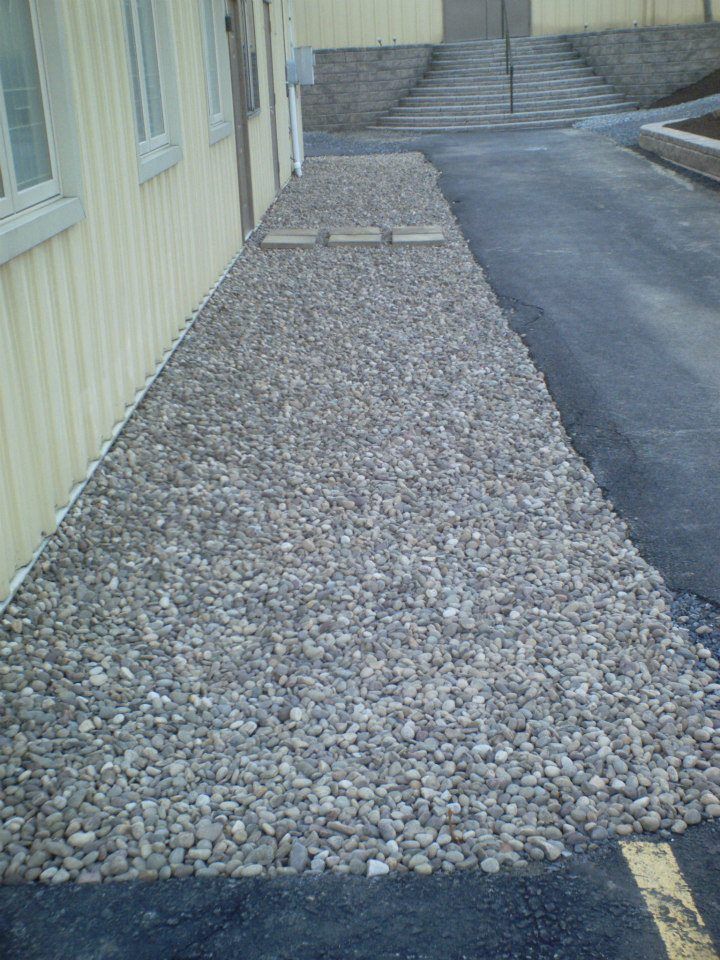 Gravel path alongside a building, leading to stairs. Pavement borders the gravel.