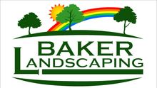 Baker Landscaping logo with trees, rainbow, sun, and green text on white.