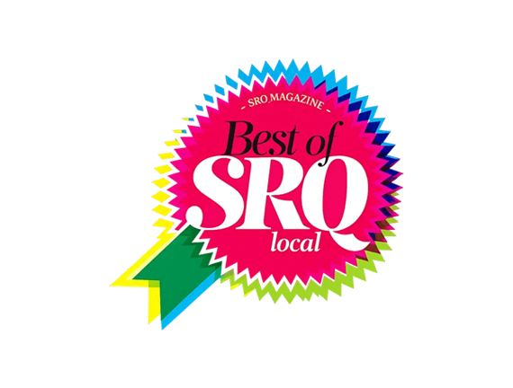 “Best of SRQ local” pink and white award badge with colorful jagged border and green-yellow arrow accent